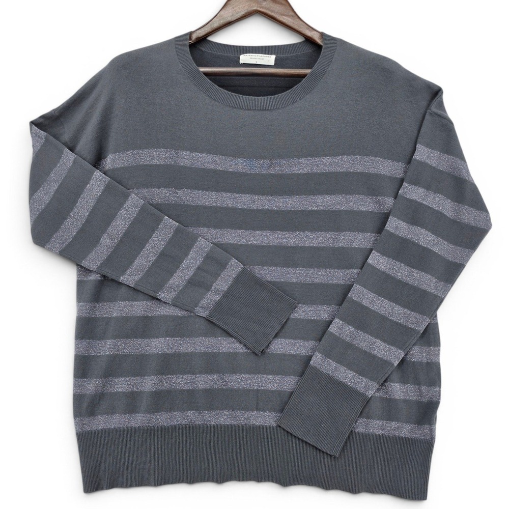 Majestic Filatures Gray Metallic Stripe Luxe French Knit Sweater Fr 4 US‎ L